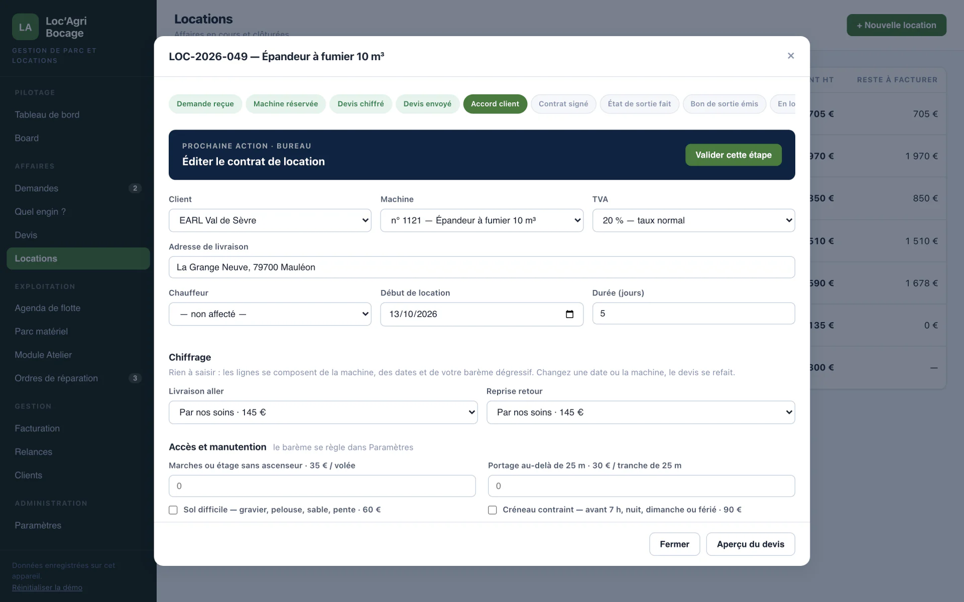 Fiche d'une location à l'étape Accord client, avec la prochaine action : éditer le contrat.