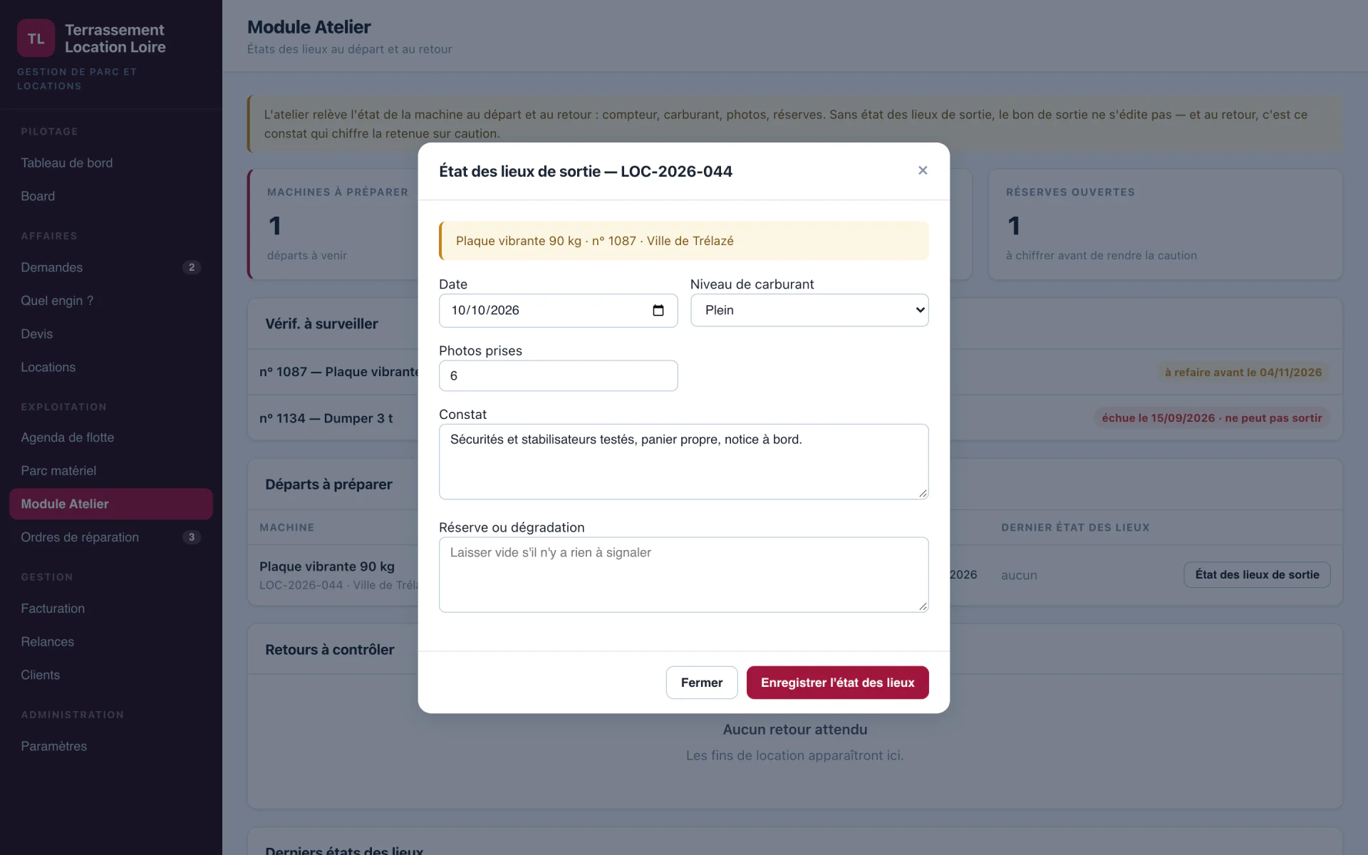 État des lieux de sortie dans le module Atelier : compteur, carburant, photos, constat.