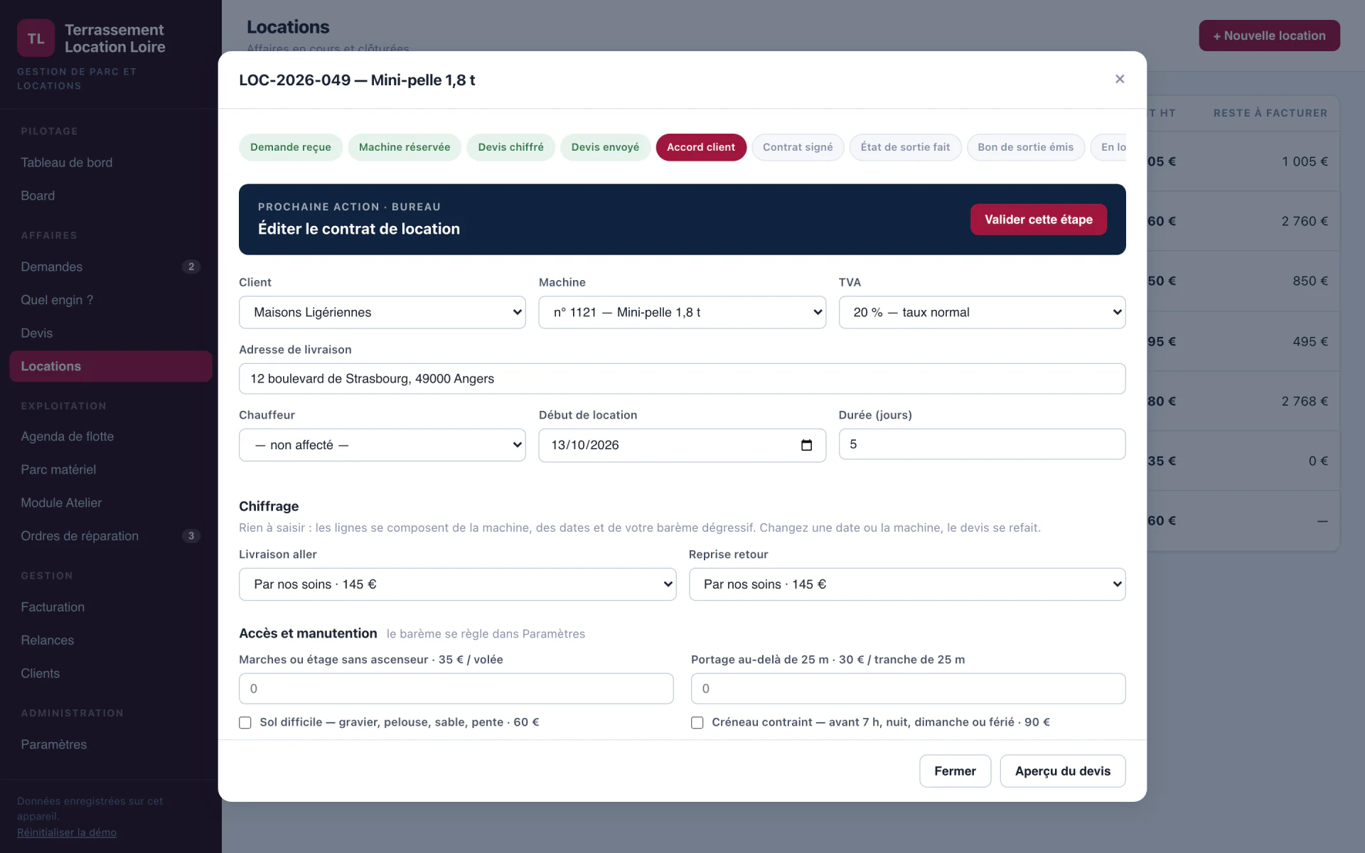 Fiche d'une location à l'étape Accord client, avec la prochaine action : éditer le contrat.