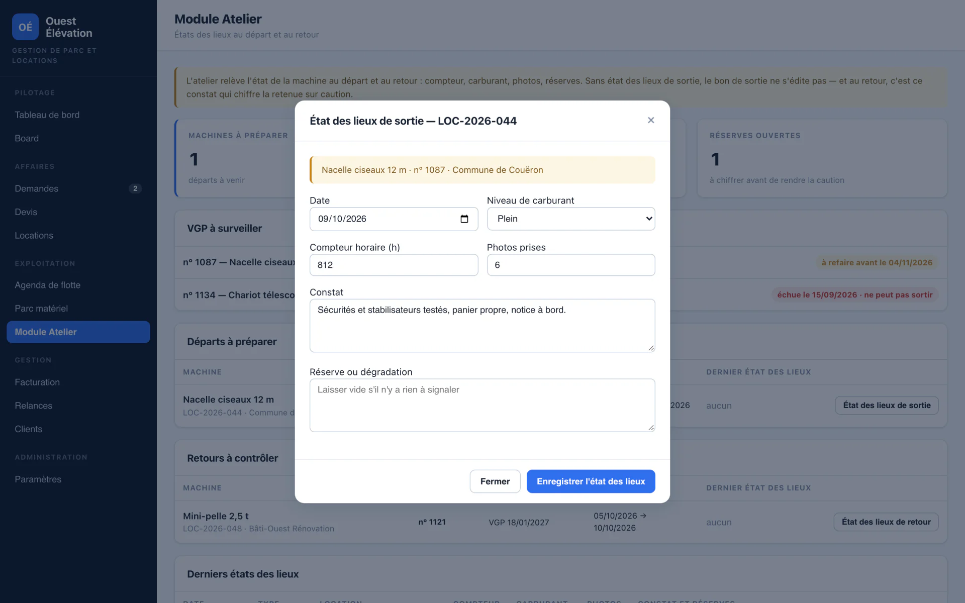 État des lieux de sortie dans le module Atelier : compteur, carburant, photos, constat.
