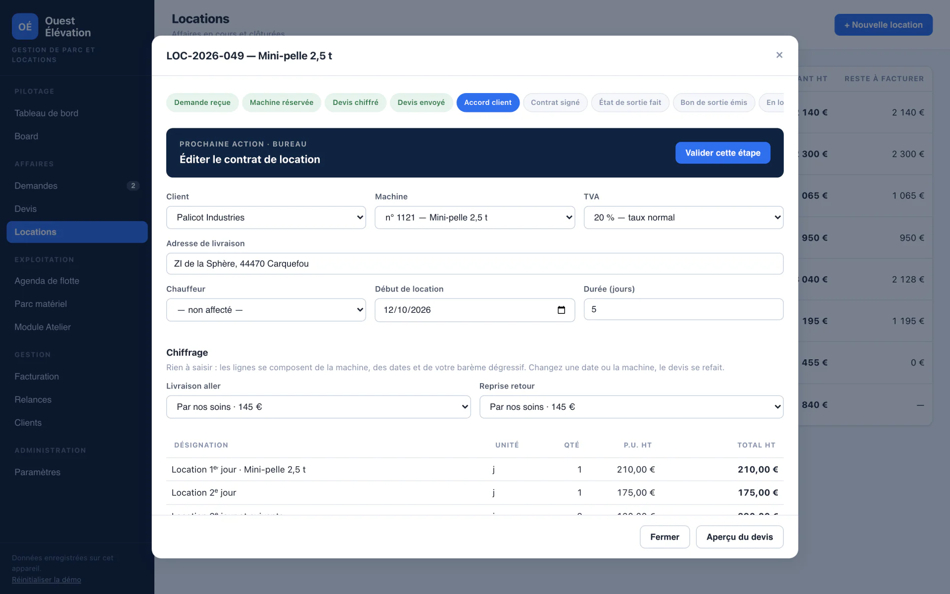 Fiche d'une location à l'étape Accord client, avec la prochaine action : éditer le contrat.